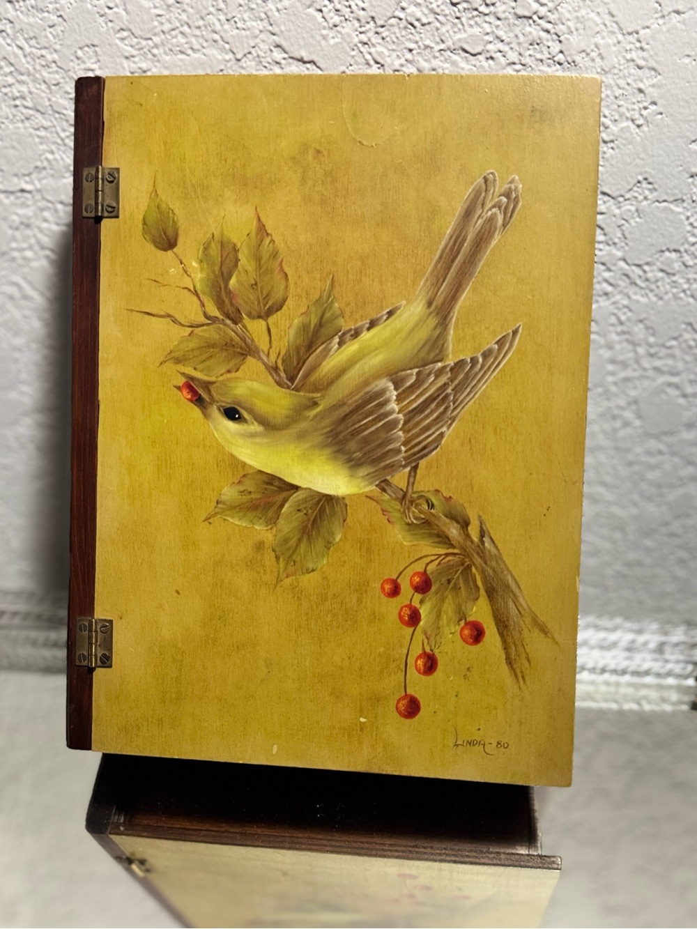Vintage Hand Painted Bird Hinged Wood Book Box